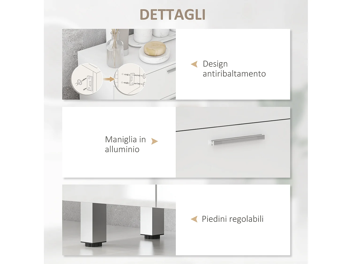 Mobile bagno con 2 cassetti e armadietto con ripiano regolabile bianco