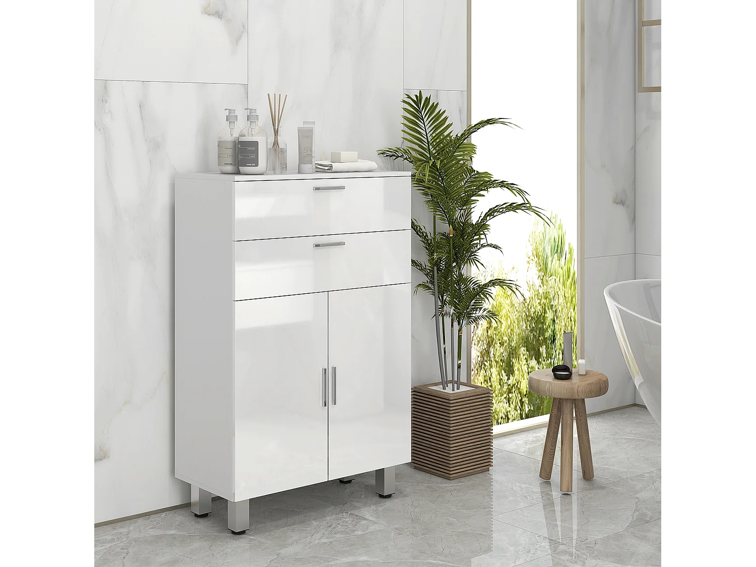 Mobile bagno con 2 cassetti e armadietto con ripiano regolabile bianco