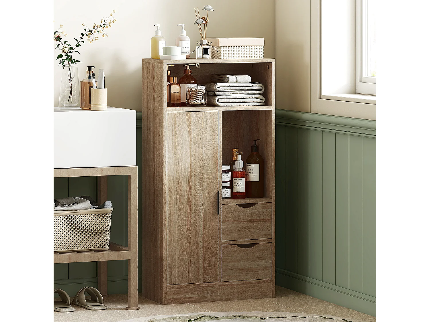 Mobile bagno salvaspazio con 2 cassetti ripiani e armadietto legno