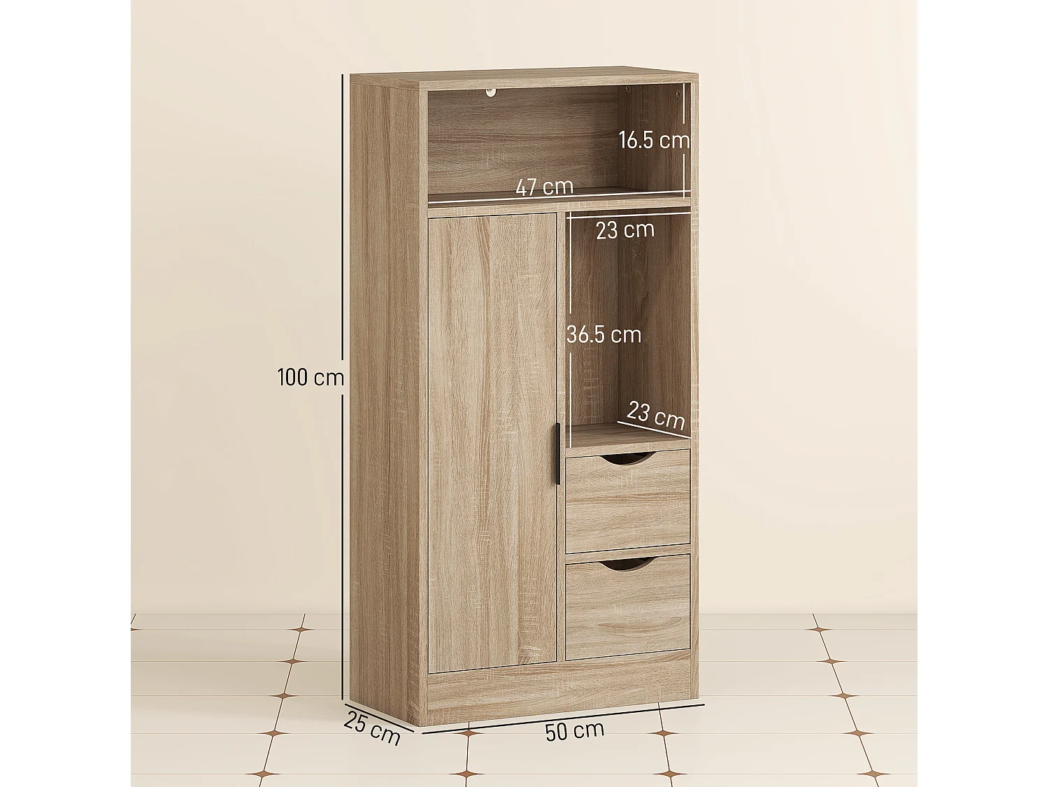 Mobile bagno salvaspazio con 2 cassetti ripiani e armadietto legno