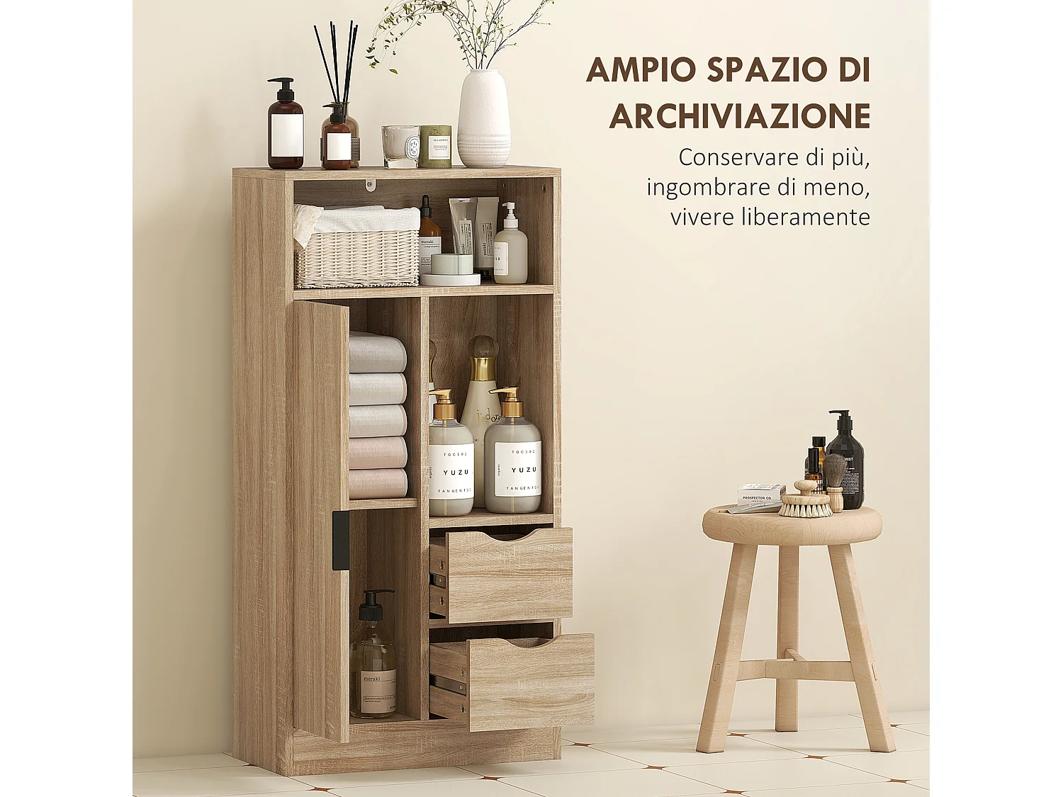 Mobile bagno salvaspazio con 2 cassetti ripiani e armadietto legno