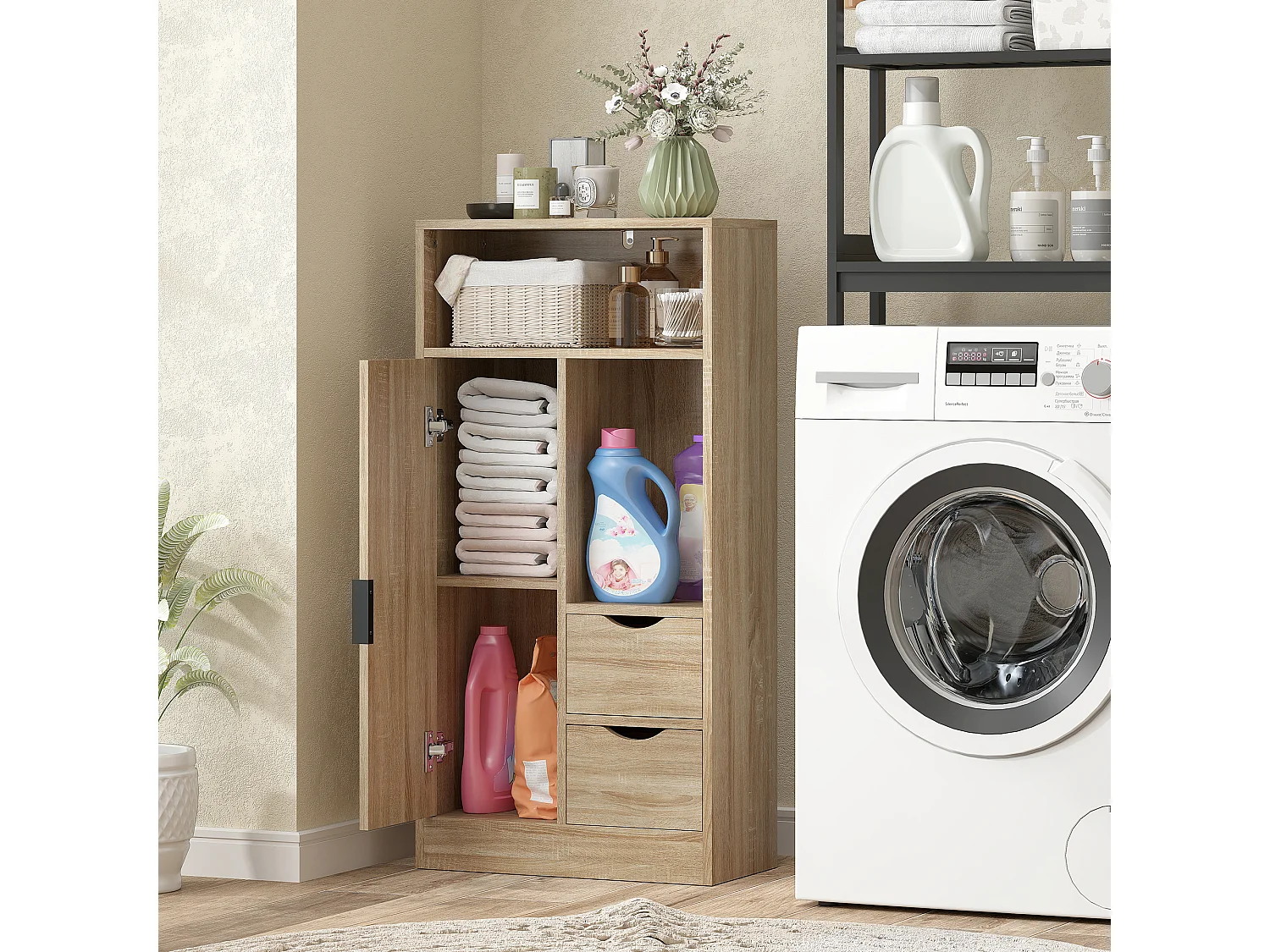 Mobile bagno salvaspazio con 2 cassetti ripiani e armadietto legno