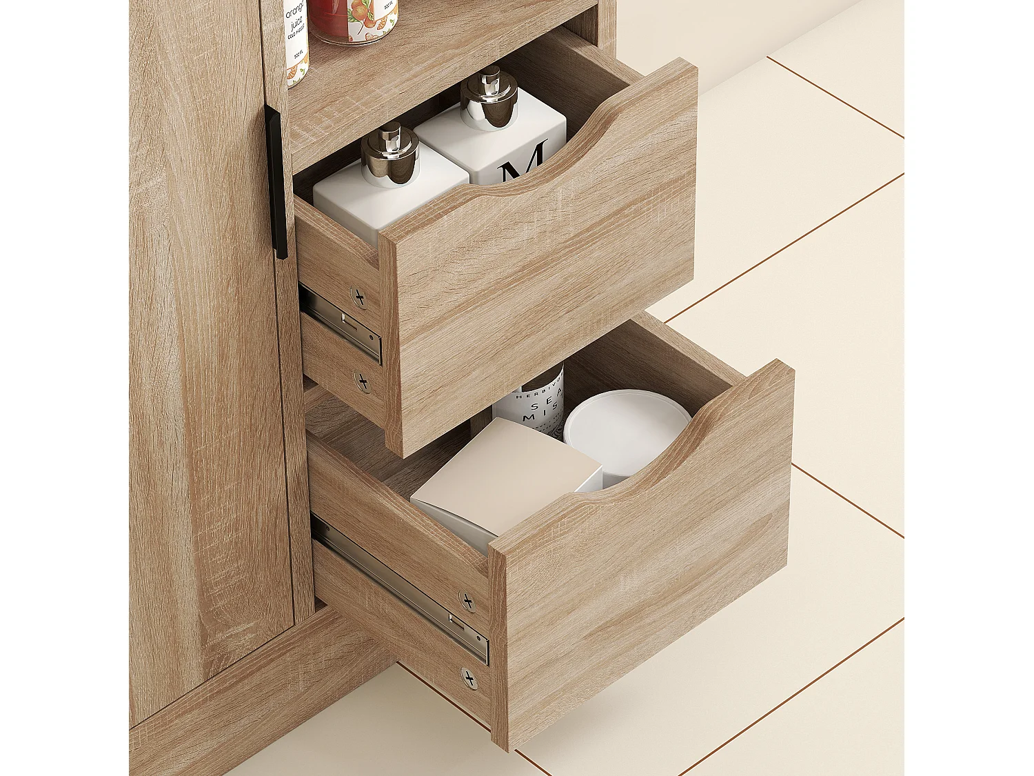 Mobile bagno salvaspazio con 2 cassetti ripiani e armadietto legno