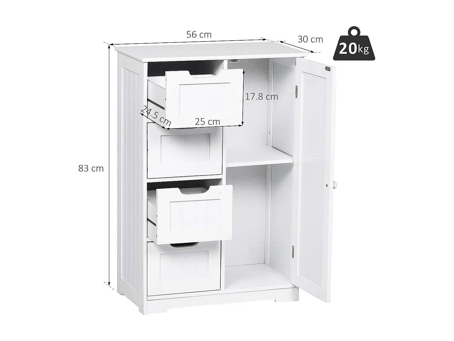 Mobile da bagno con cassetti e ripiano regolabile in mdf bianco