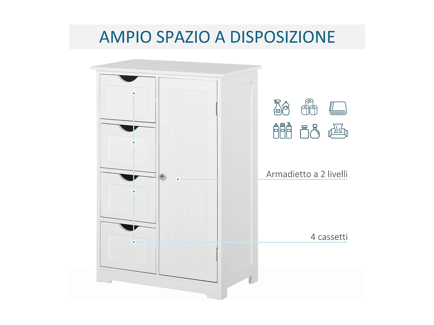 Mobile da bagno con cassetti e ripiano regolabile in mdf bianco