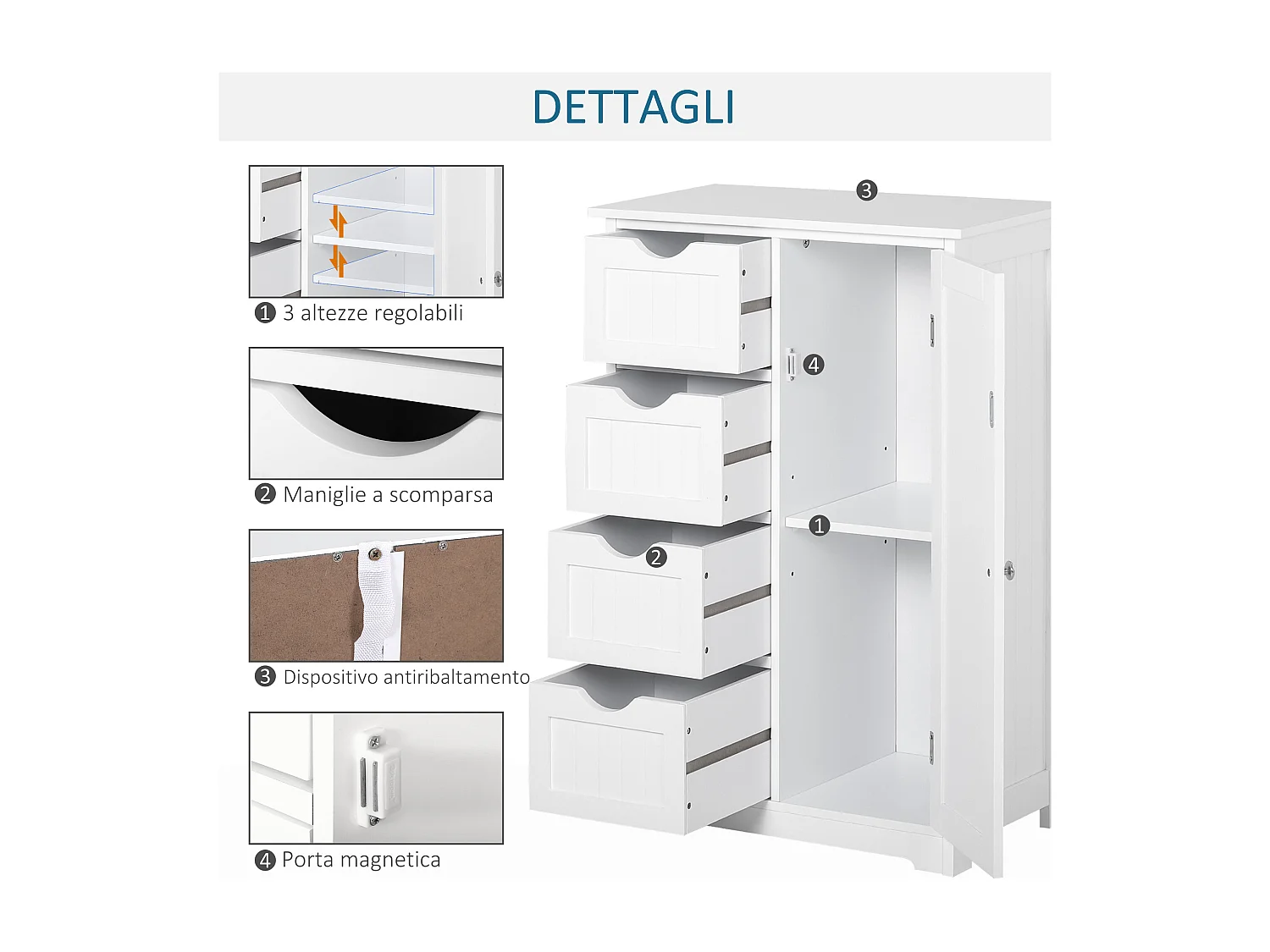Mobile da bagno con cassetti e ripiano regolabile in mdf bianco