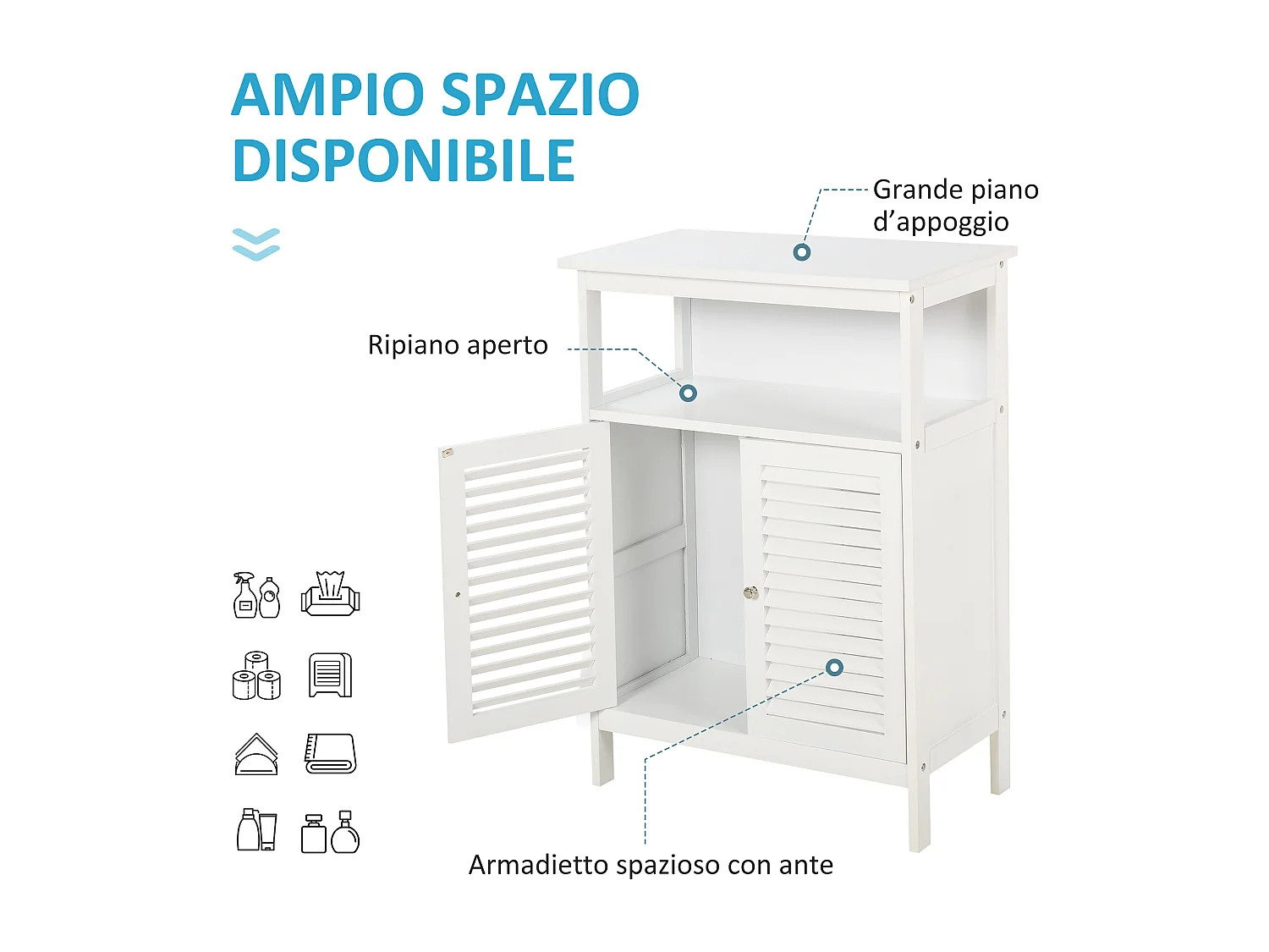Mobiletto da bagno bianco con 2 ripiani e armadietto in mdf bianco