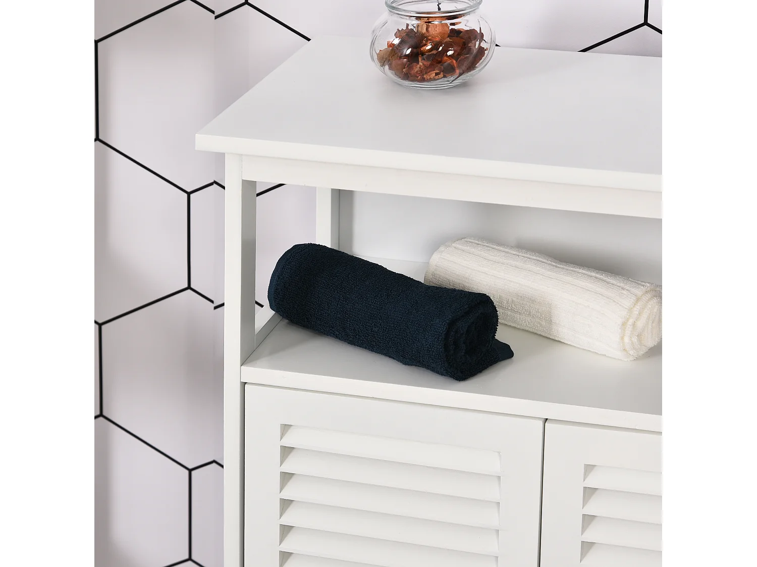 Mobiletto da bagno bianco con 2 ripiani e armadietto in mdf bianco