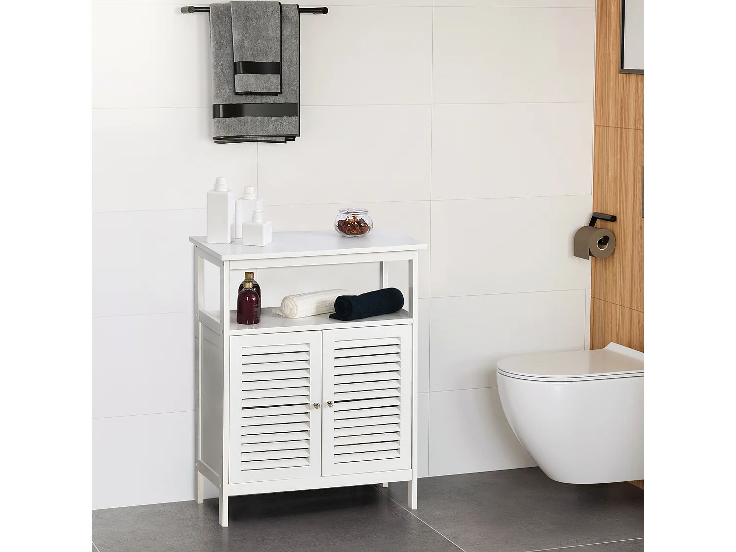 Mobiletto da bagno bianco con 2 ripiani e armadietto in mdf bianco