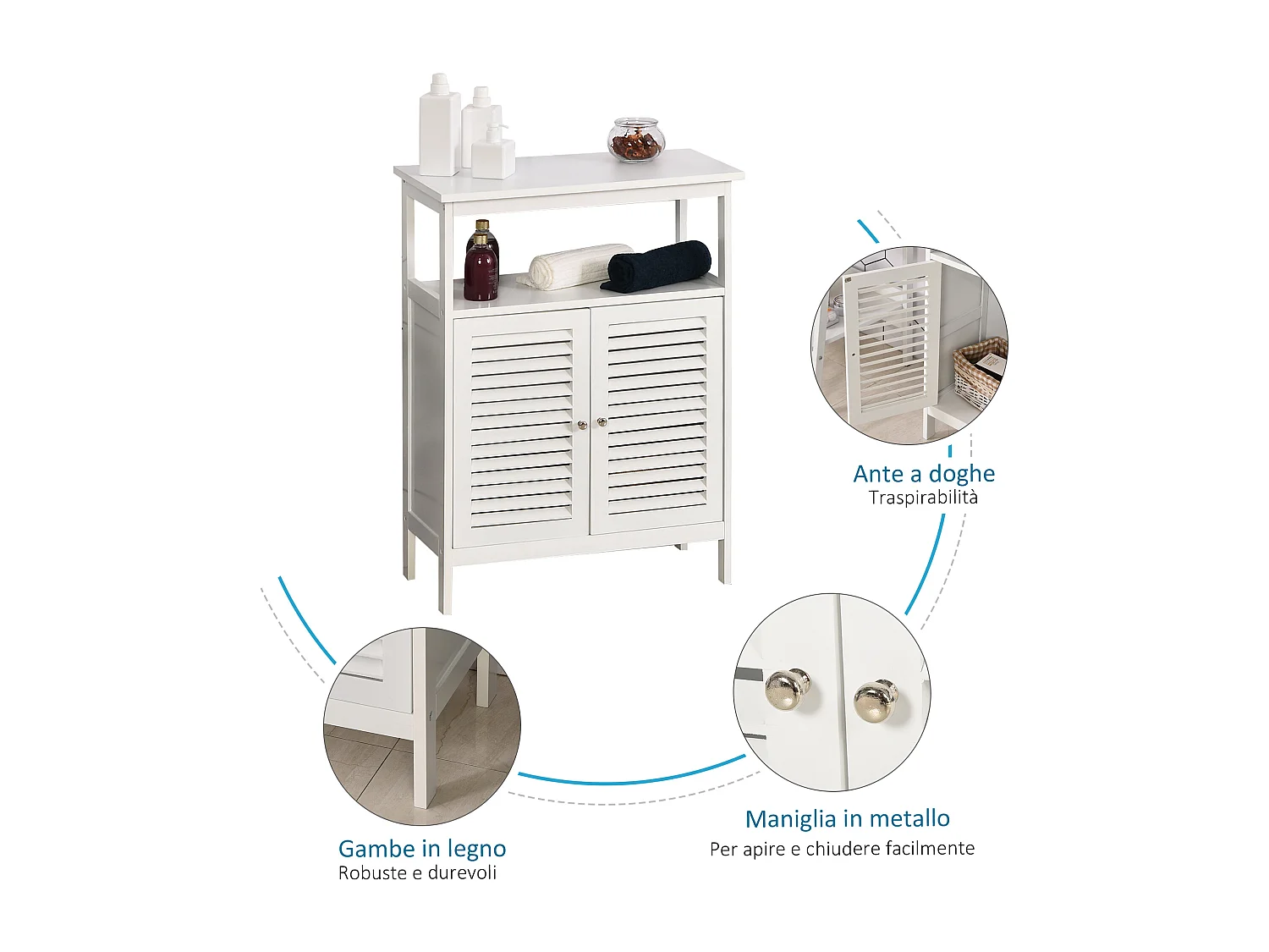 Mobiletto da bagno bianco con 2 ripiani e armadietto in mdf bianco