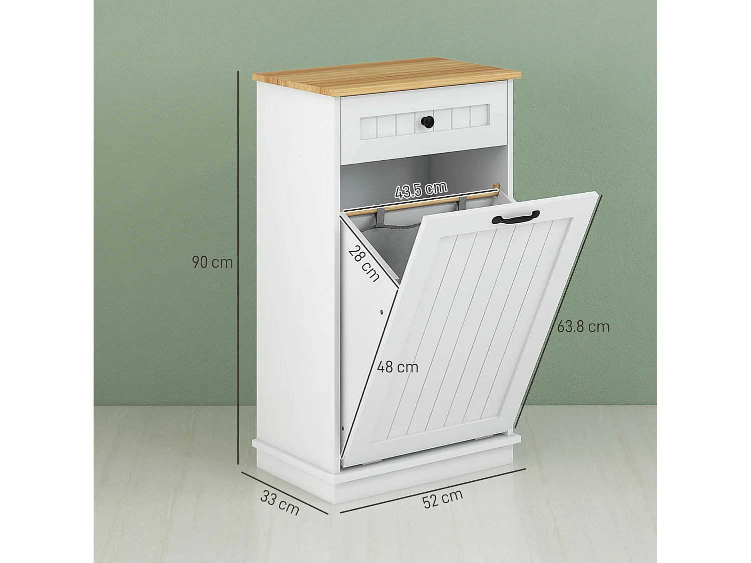 Mobile bagno con cesto portabiancheria ribaltabile e cassetto bianco