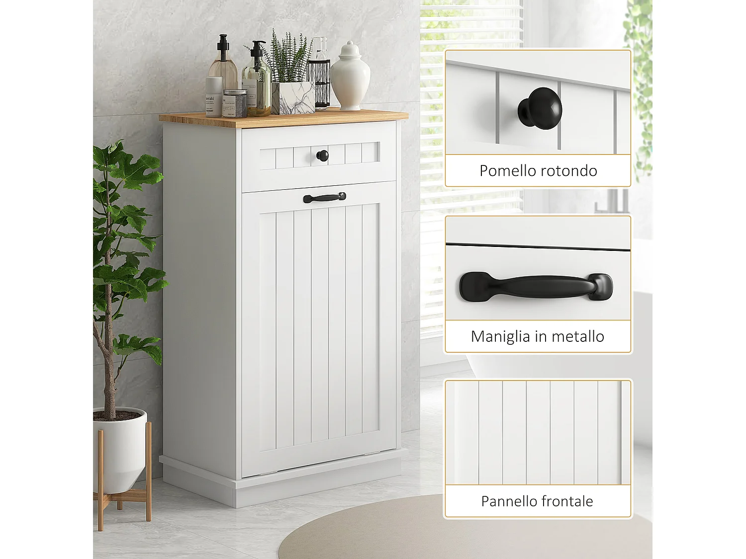 Mobile bagno con cesto portabiancheria ribaltabile e cassetto bianco