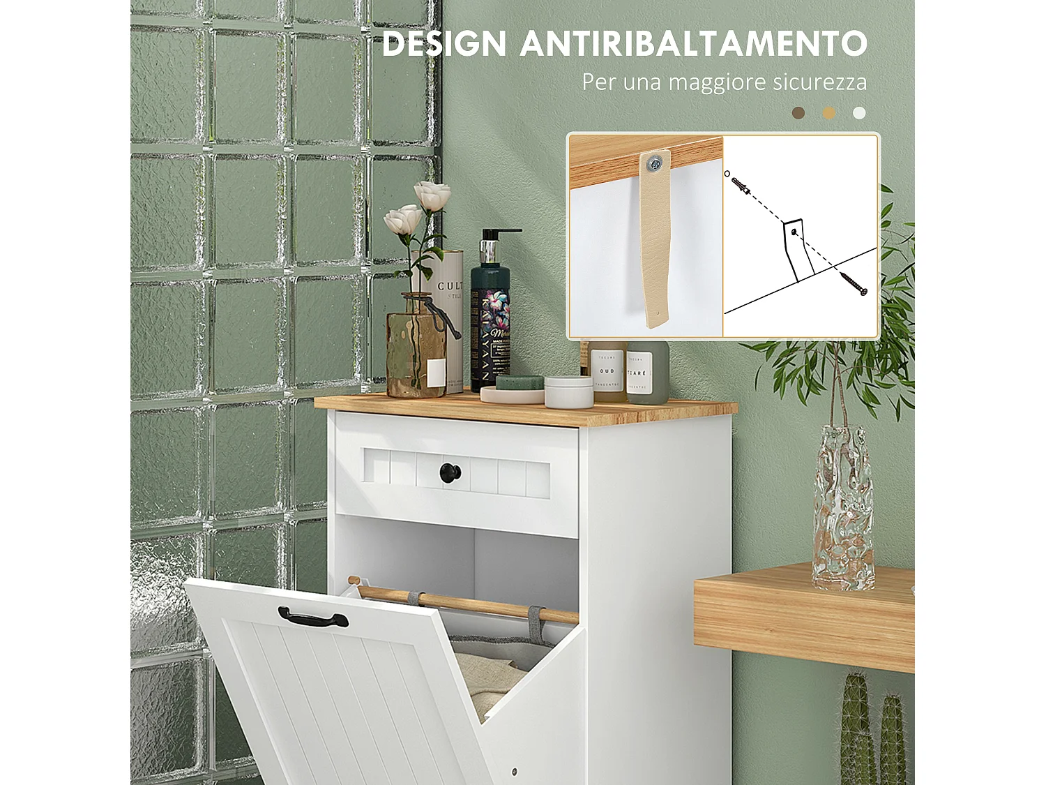 Mobile bagno con cesto portabiancheria ribaltabile e cassetto bianco