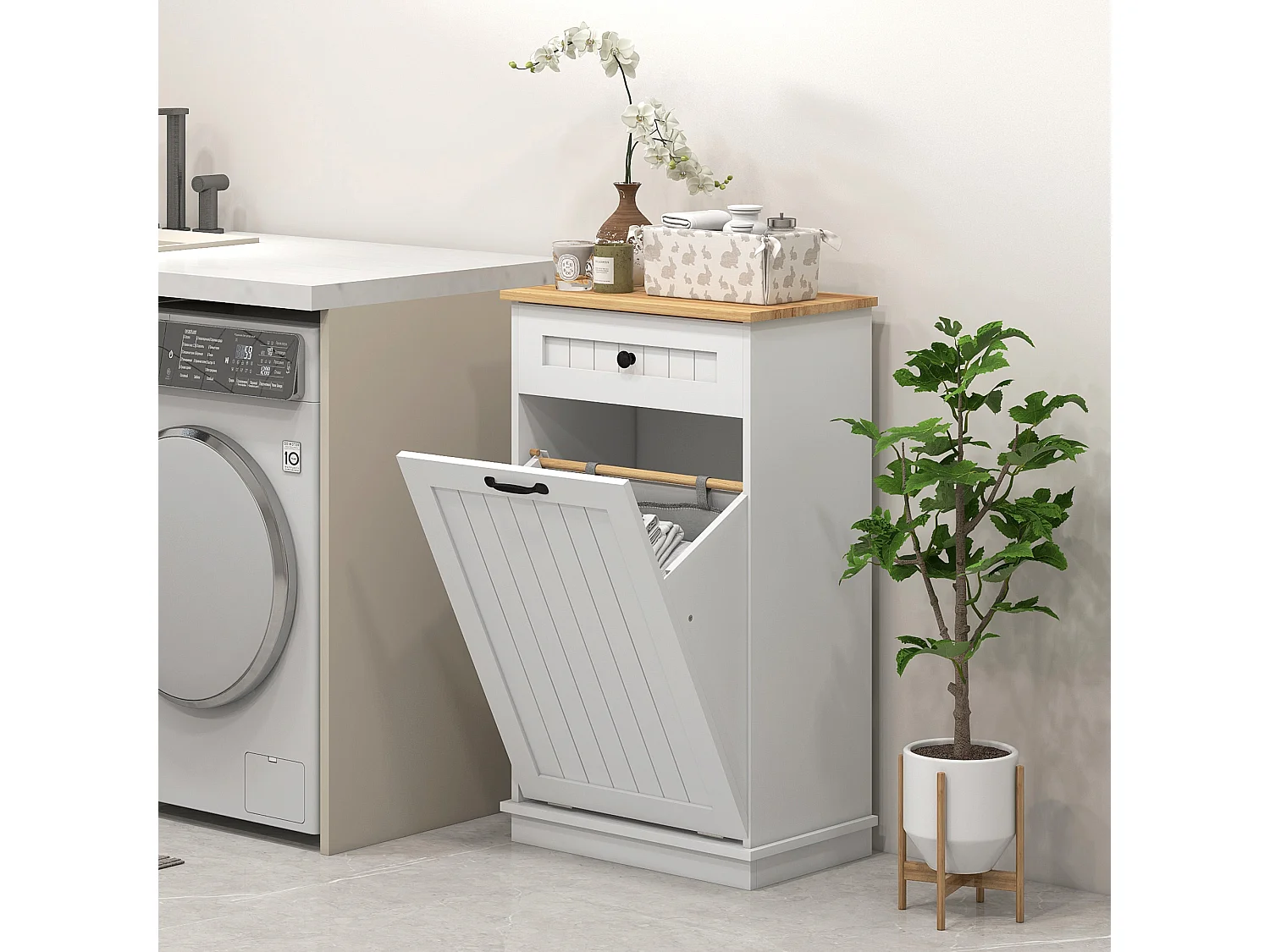 Mobile bagno con cesto portabiancheria ribaltabile e cassetto bianco