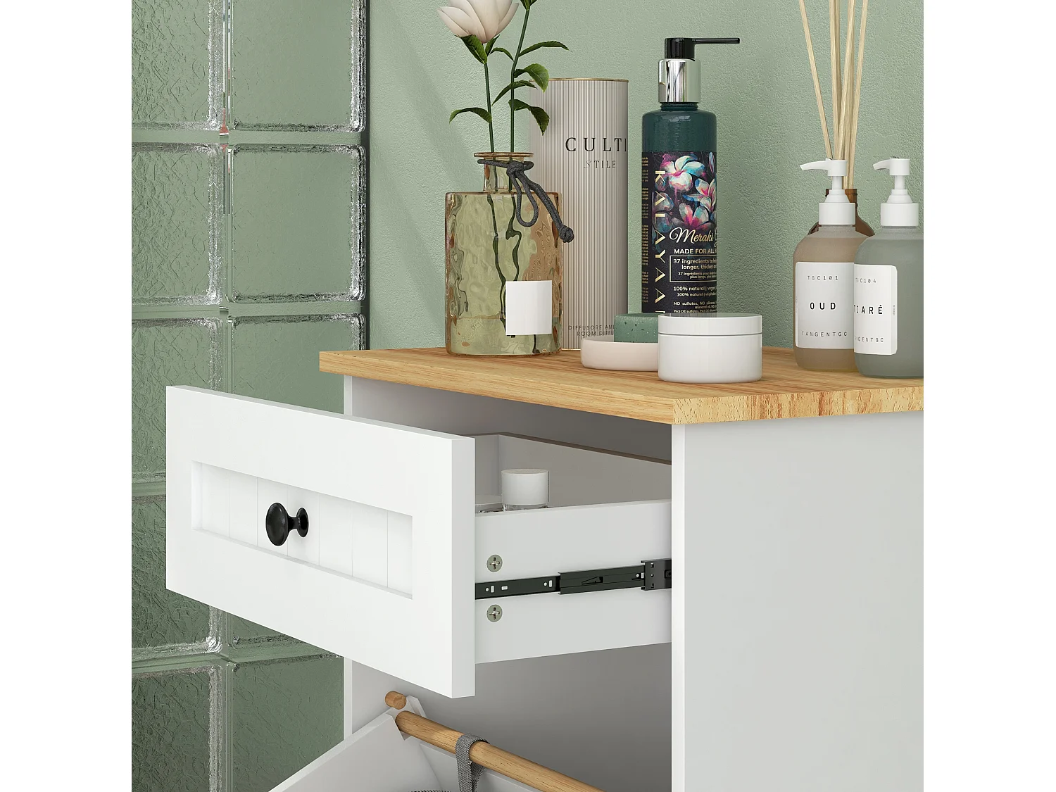 Mobile bagno con cesto portabiancheria ribaltabile e cassetto bianco