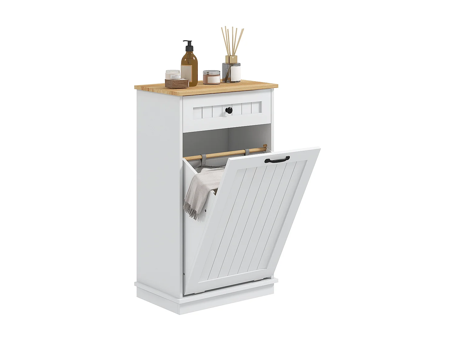 Mobile bagno con cesto portabiancheria ribaltabile e cassetto bianco