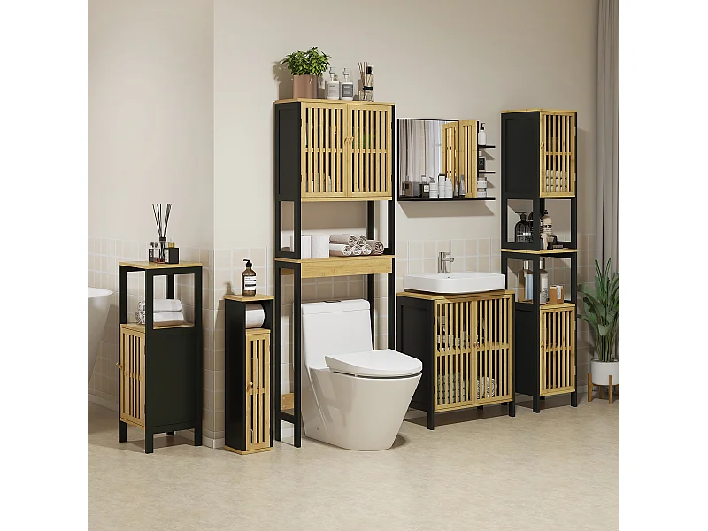 Mobiletto bagno con ripiano aperto e armadietto nero e color legno