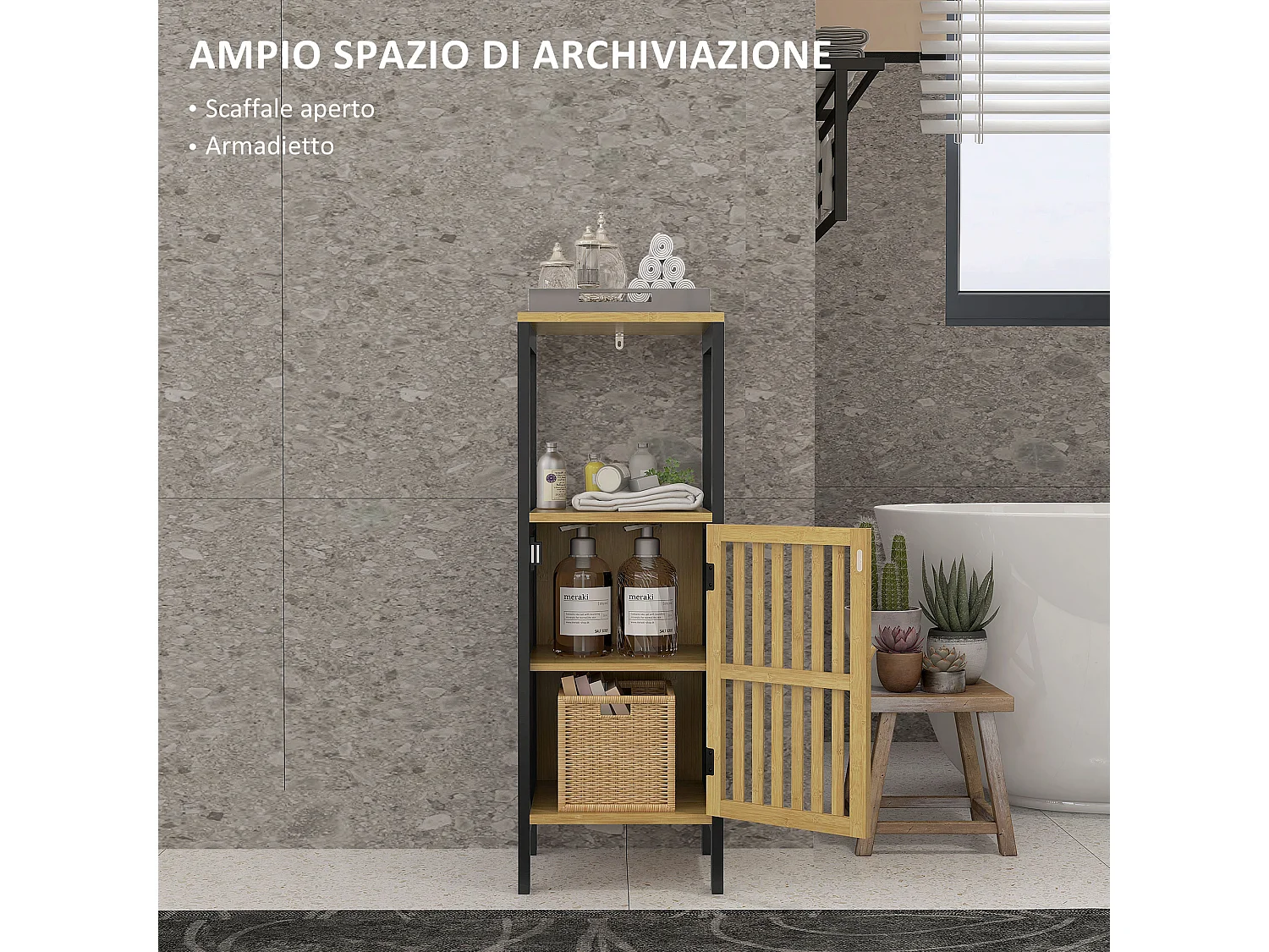 Mobiletto bagno con ripiano aperto e armadietto nero e color legno