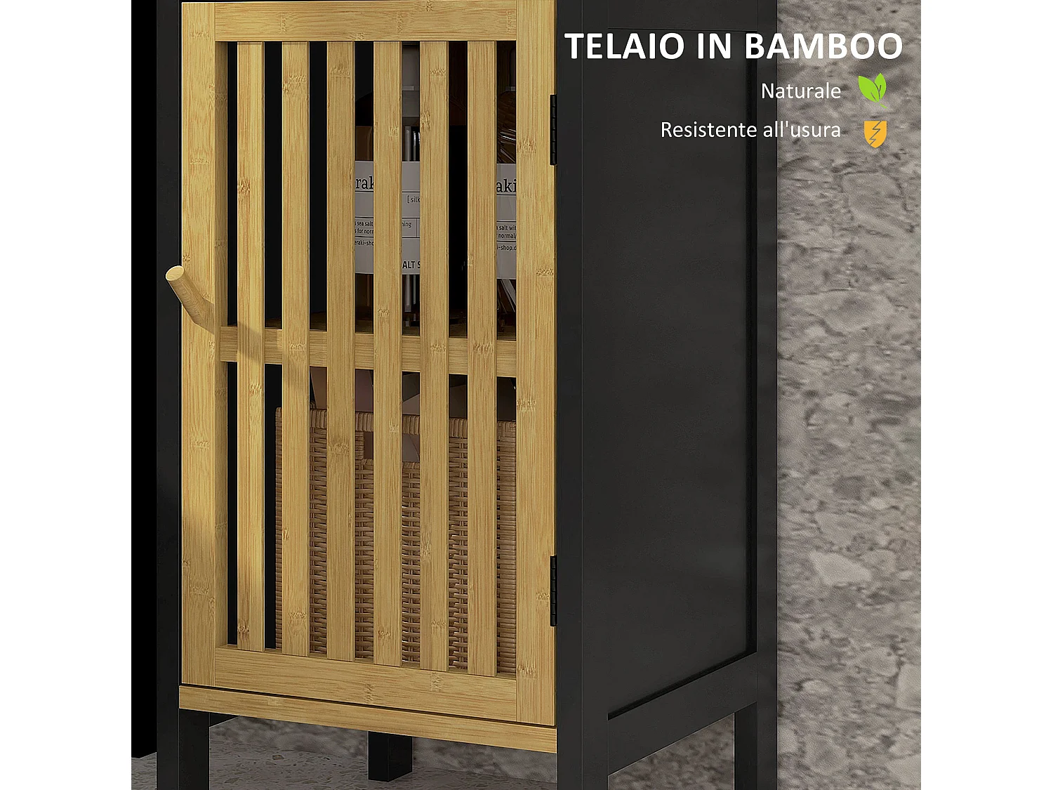 Mobiletto bagno con ripiano aperto e armadietto nero e color legno