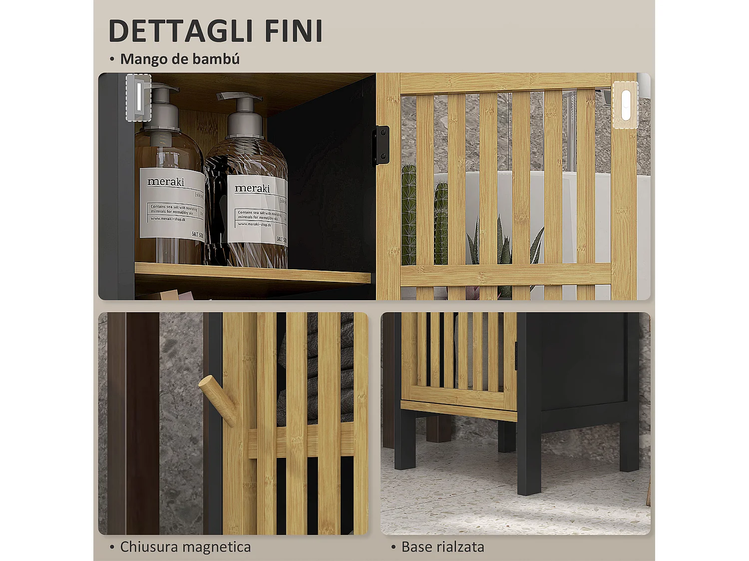 Mobiletto bagno con ripiano aperto e armadietto nero e color legno