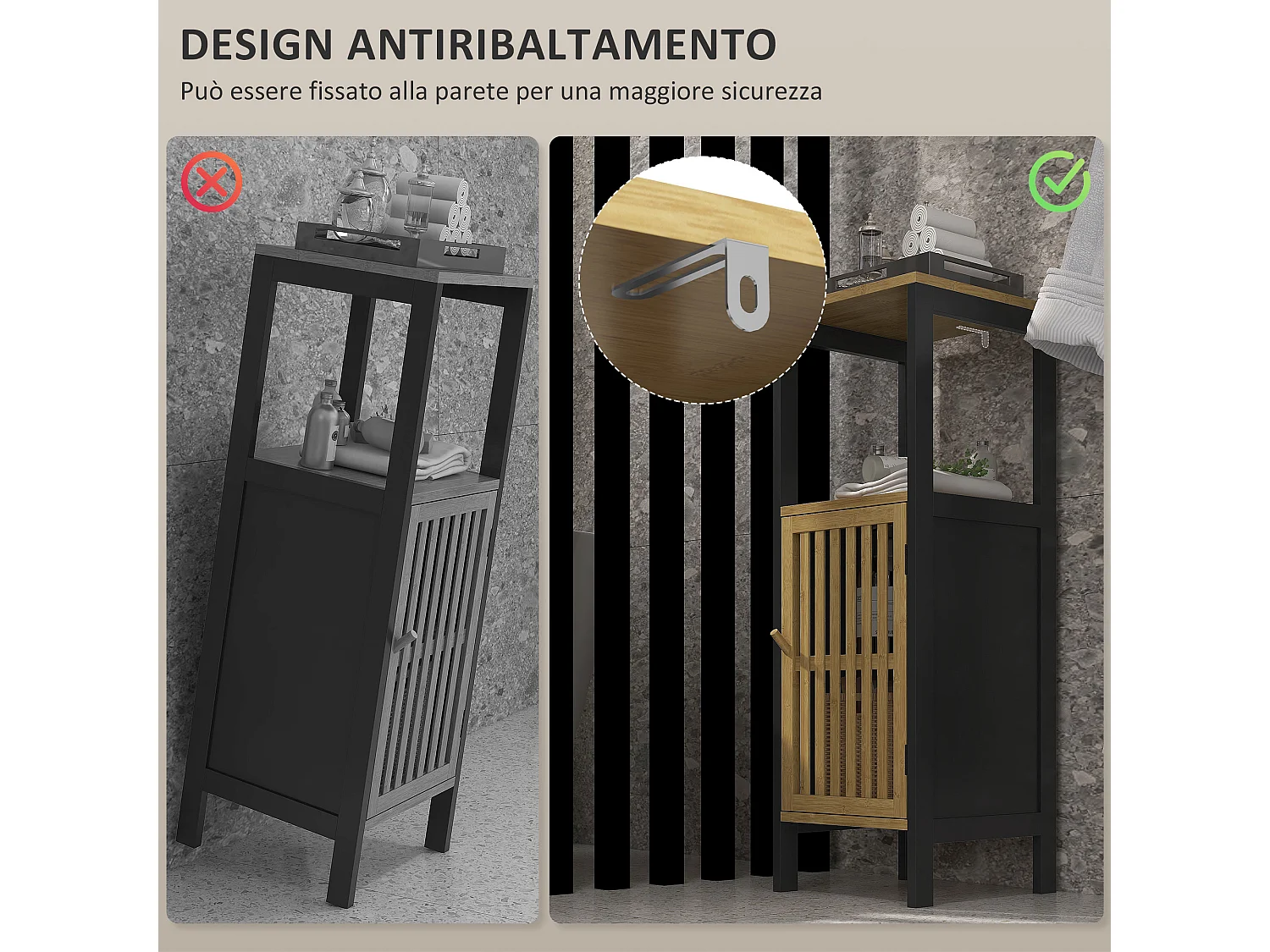 Mobiletto bagno con ripiano aperto e armadietto nero e color legno