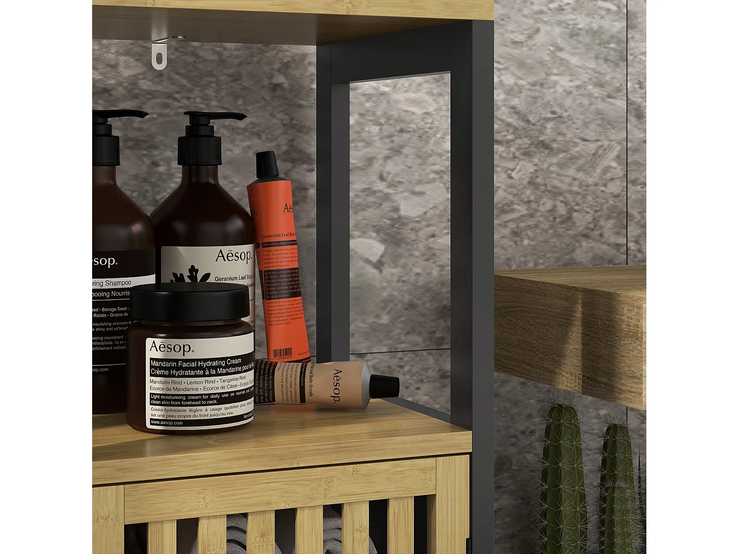 Mobiletto bagno con ripiano aperto e armadietto nero e color legno