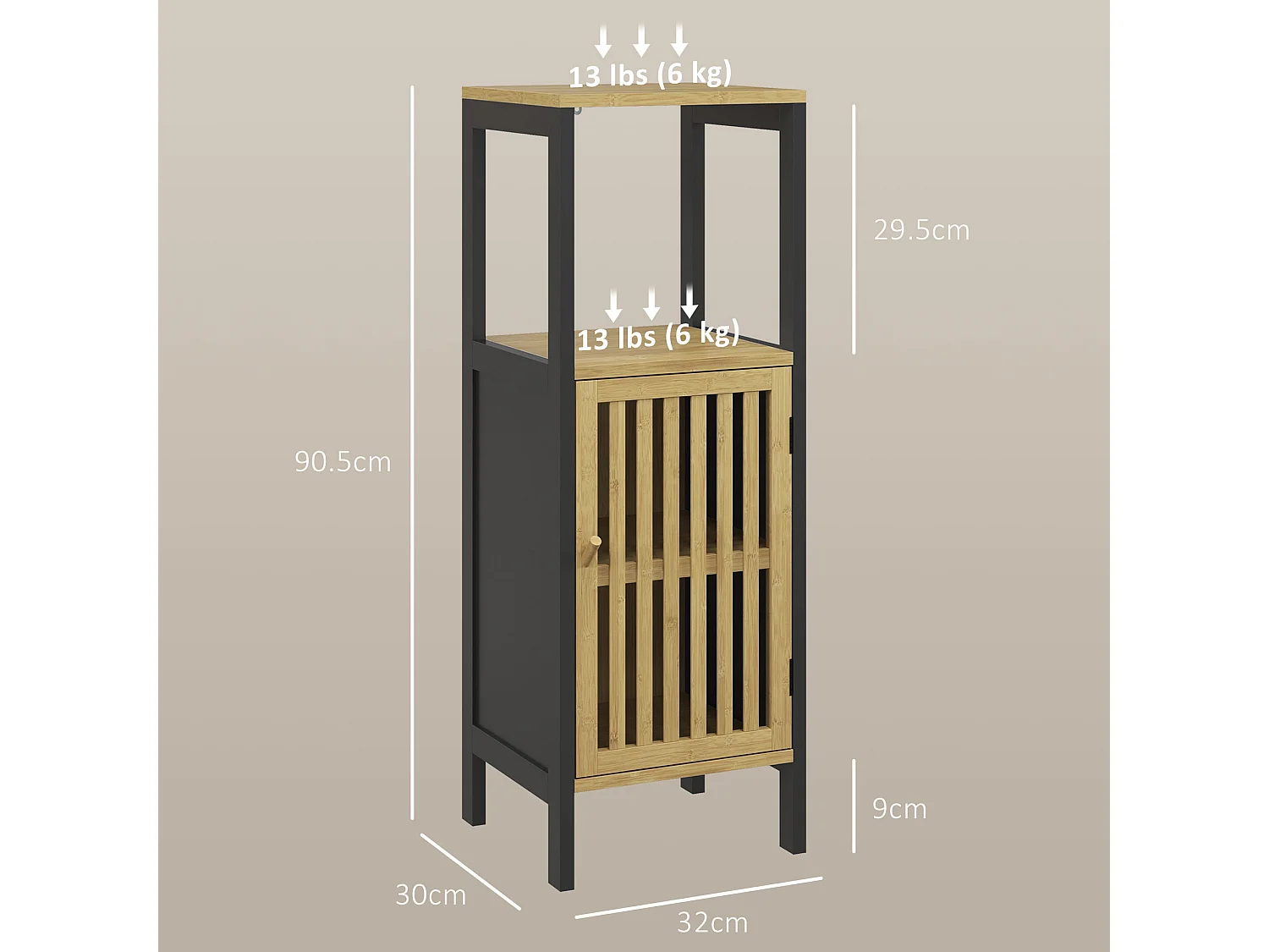 Mobiletto bagno con ripiano aperto e armadietto nero e color legno
