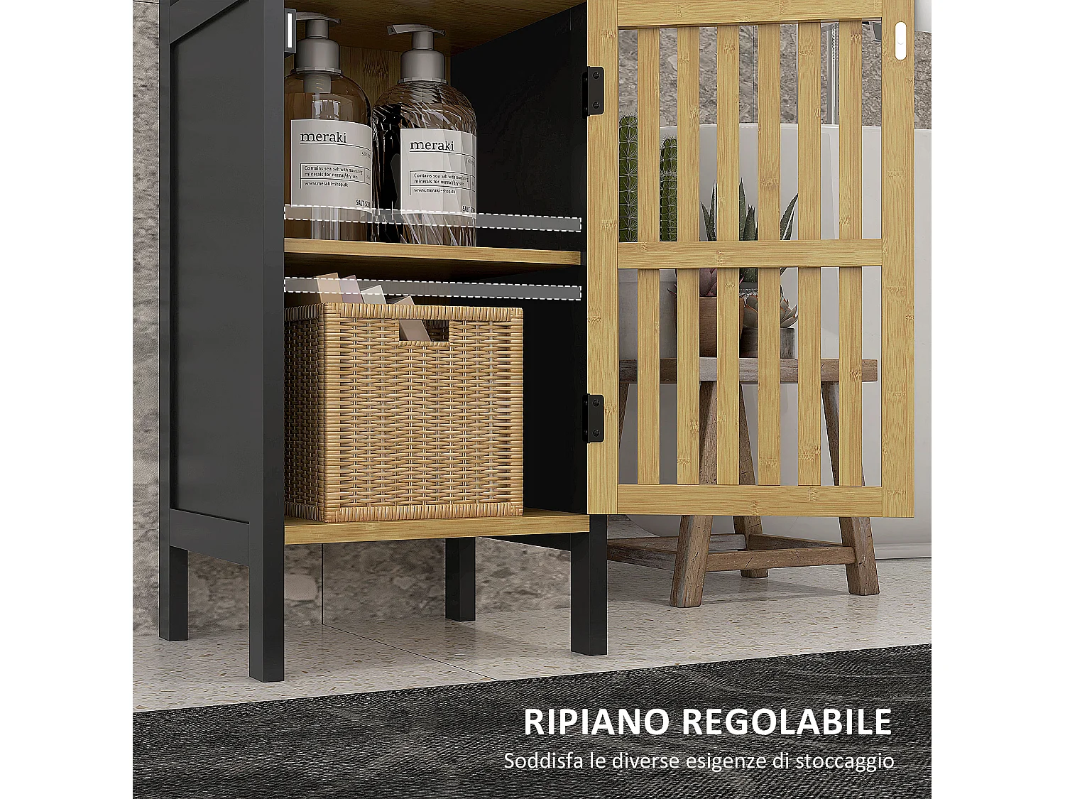 Mobiletto bagno con ripiano aperto e armadietto nero e color legno