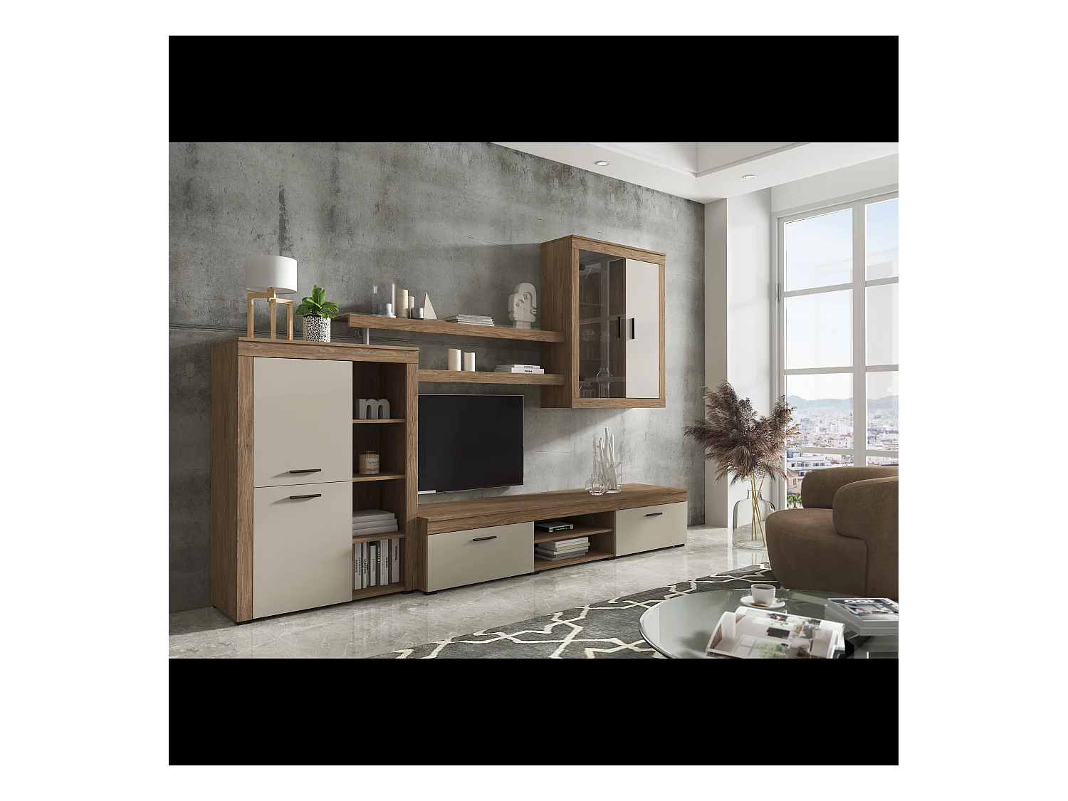 Parete Attrezzata Da Soggiorno Salotto Moderna Con Ante Mensole Vani A Giorno Vetrinetta Mobile TV Design Moderno 293x193x50 Cm Bianco Rovere Scuro