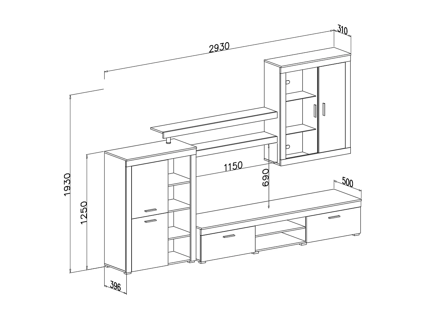 Parete Attrezzata Da Soggiorno Salotto Moderna Con Ante Vani A Giorno Vetrinetta Mobile TV Design Moderno Moduli Sospesi 293 x 193 x 50 Cm Bianco E Rovere Scuro