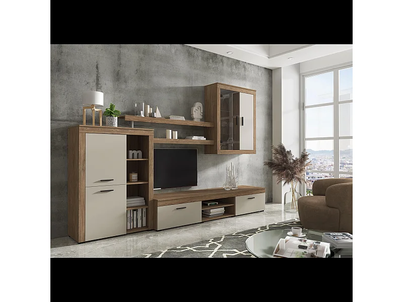 Parete Attrezzata Da Soggiorno Salotto Moderna Con Ante Vani A Giorno Vetrinetta Mobile TV Design Moderno Moduli Sospesi 293 x 193 x 50 Cm Bianco E Rovere Scuro