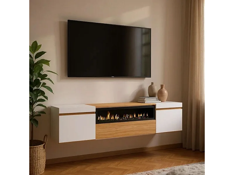Mueble TV Kavos Wall Chimenea Roble Arena- Blanco
