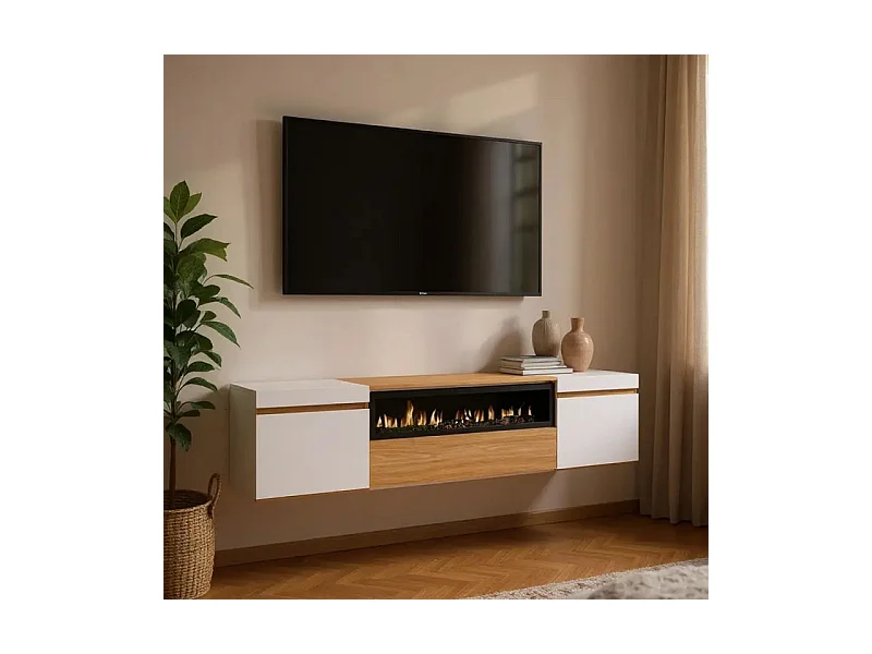 Mueble TV Kavos Wall Chimenea Roble Arena- Blanco