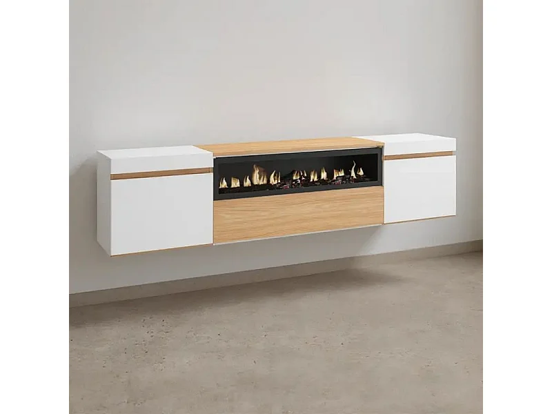 Mueble TV Kavos Wall Chimenea Roble Arena- Blanco