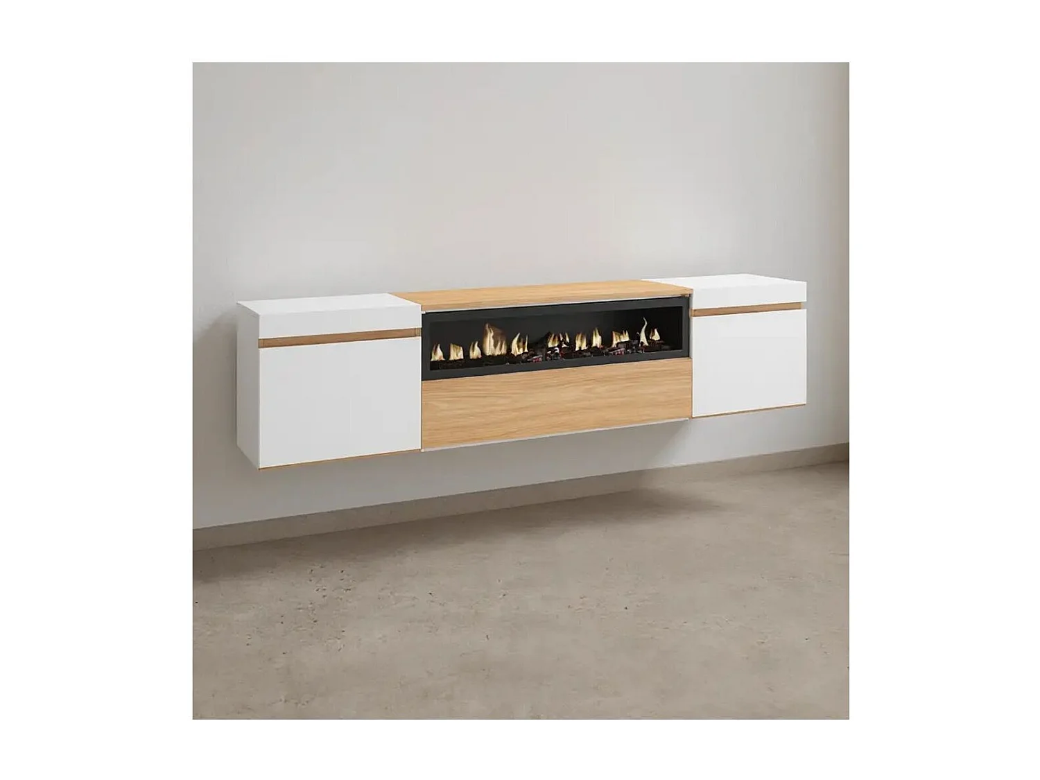 Mueble TV Kavos Wall Chimenea Roble Arena- Blanco