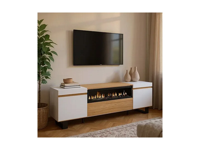Mueble TV Kavos Up Chimenea Roble Arena- Blanco