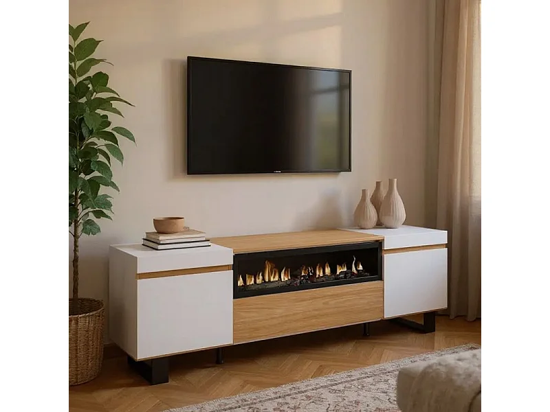 Mueble TV Kavos Up Chimenea Roble Arena- Blanco