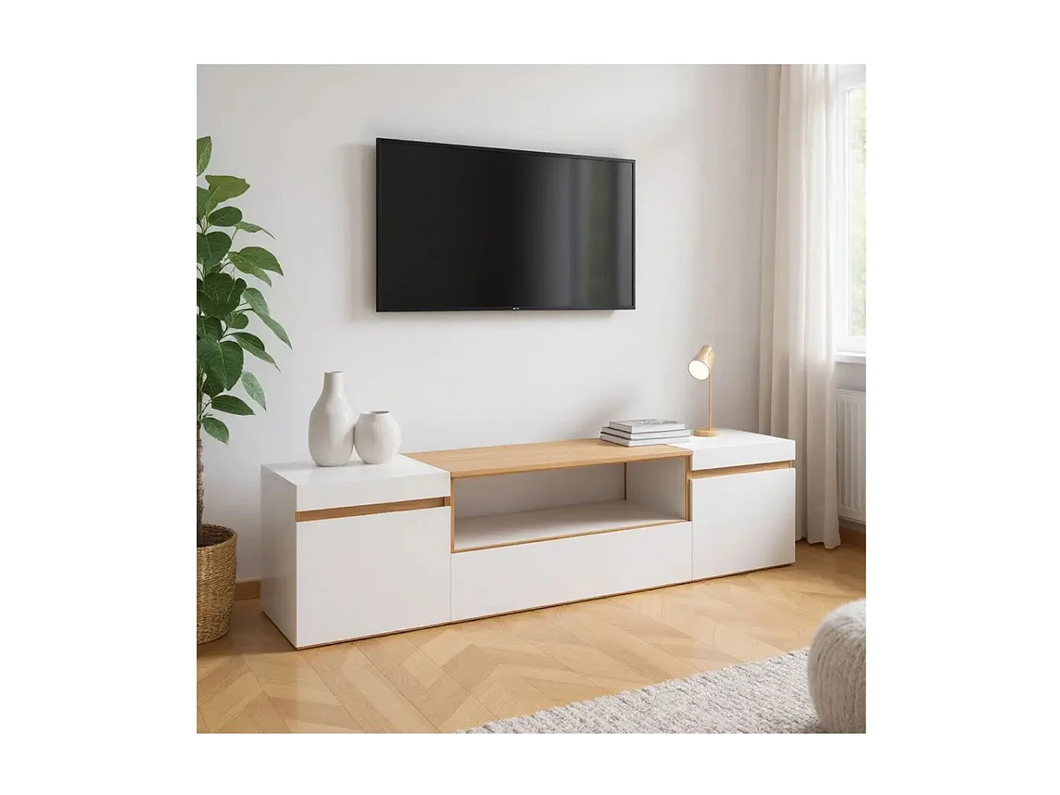 Mueble TV con almacenamiento en blanco y roble arena 203 cm Kavos Blanco - Roble Arena