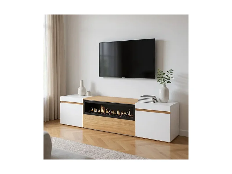 Mueble TV Kavos Chimenea Roble Arena- Blanco