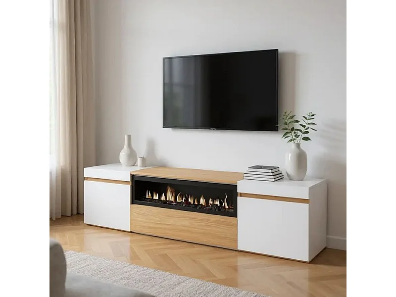 Mueble TV Kavos Chimenea Roble Arena- Blanco