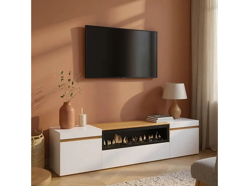 Mueble TV Kavos Chimenea Blanco - Roble Arena