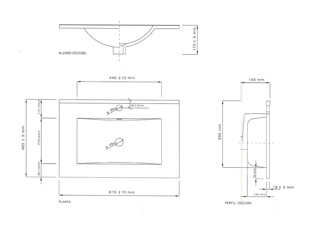Lavabo cerámico rectangular 60x45 cm Volga Blanco