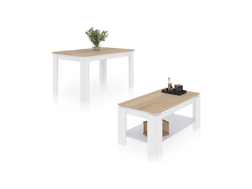 Pack mesa de comedor 140 y mesa de centro Lya Blanco Artik (Blanco Mate) - Roble Canadian
