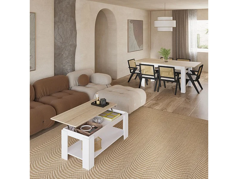 Pack mesa de comedor 140 y mesa de centro Lya Blanco Artik (Blanco Mate) - Roble Canadian