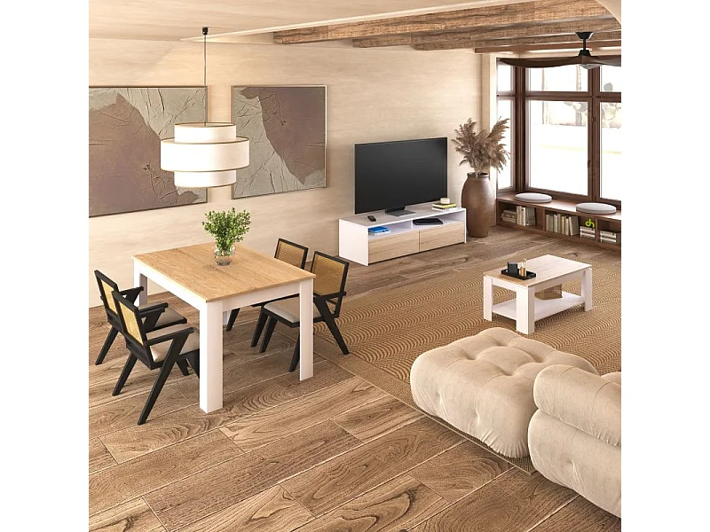 Pack mesa de comedor 140 y mesa de centro Lya Blanco Artik (Blanco Mate) - Roble Canadian