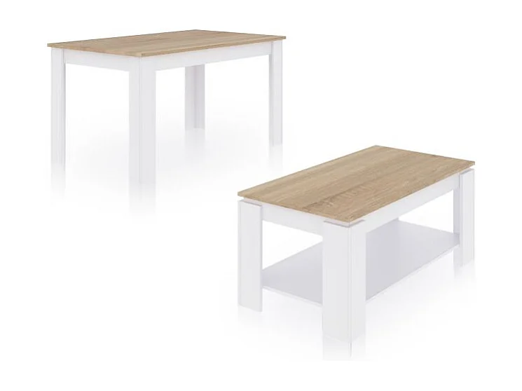 Pack mesa de comedor 140 y mesa de centro Lya Blanco Artik (Blanco Mate) - Roble Canadian