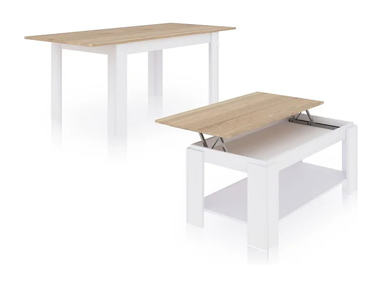 Pack mesa de comedor 140 y mesa de centro Lya Blanco Artik (Blanco Mate) - Roble Canadian