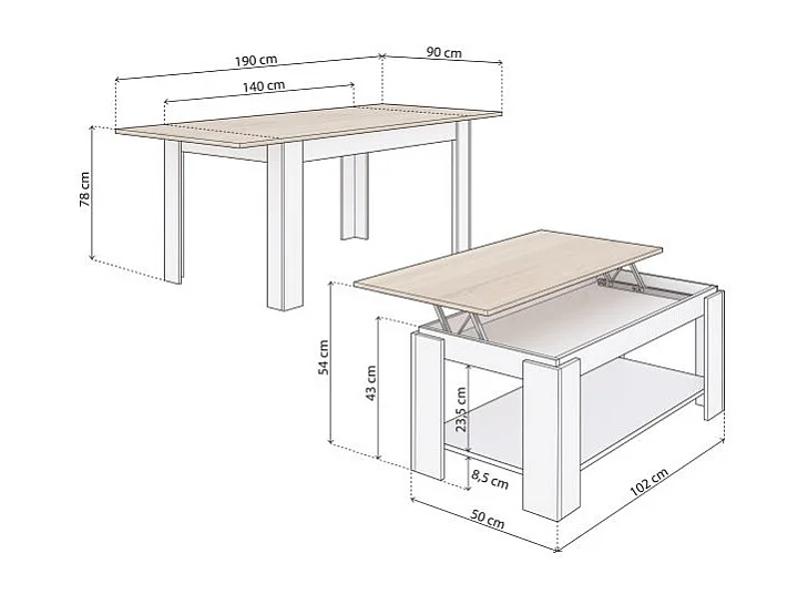 Pack mesa de comedor 140 y mesa de centro Lya Blanco Artik (Blanco Mate) - Roble Canadian