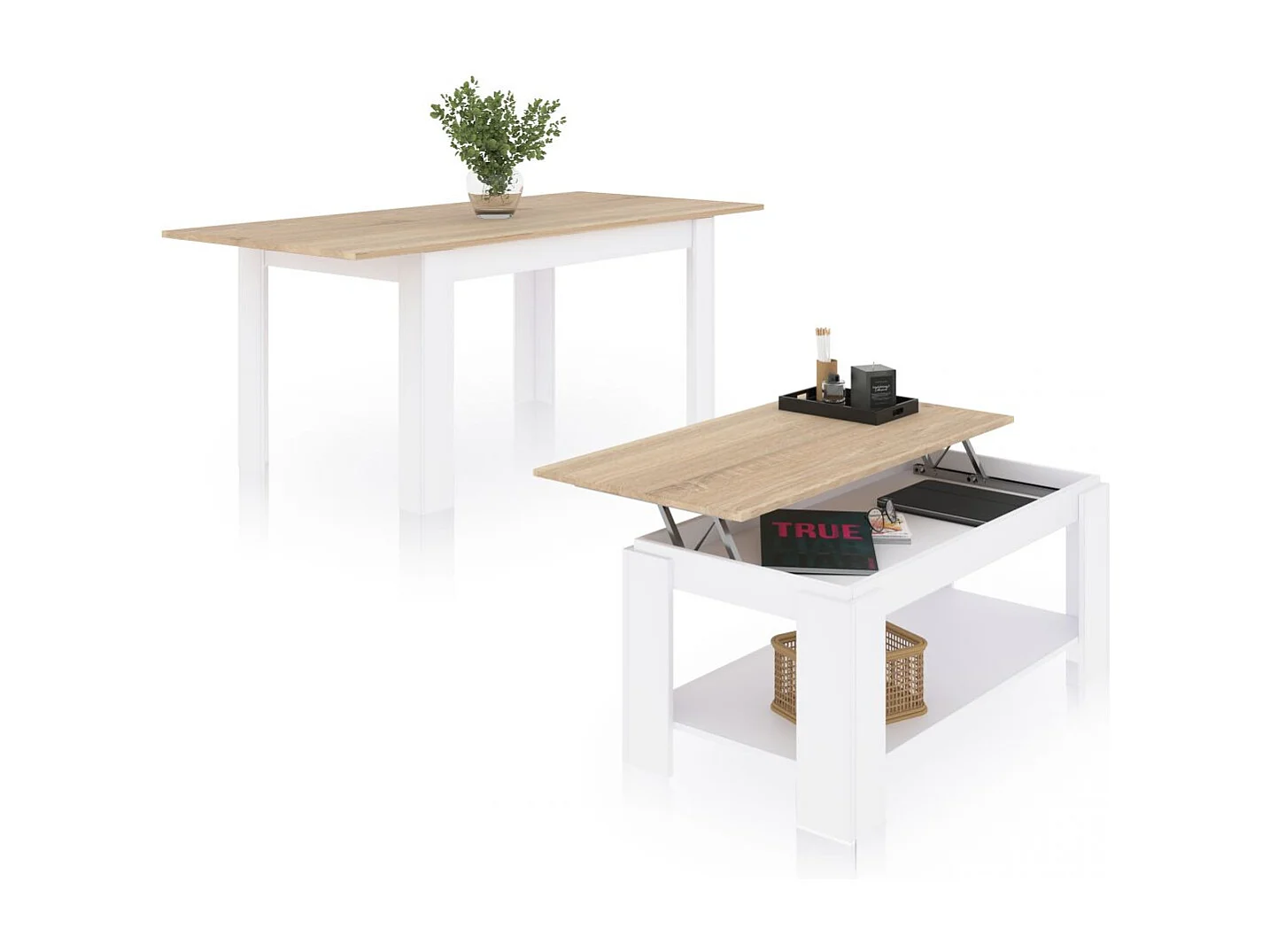 Pack mesa de comedor 140 y mesa de centro Lya Blanco Artik (Blanco Mate) - Roble Canadian