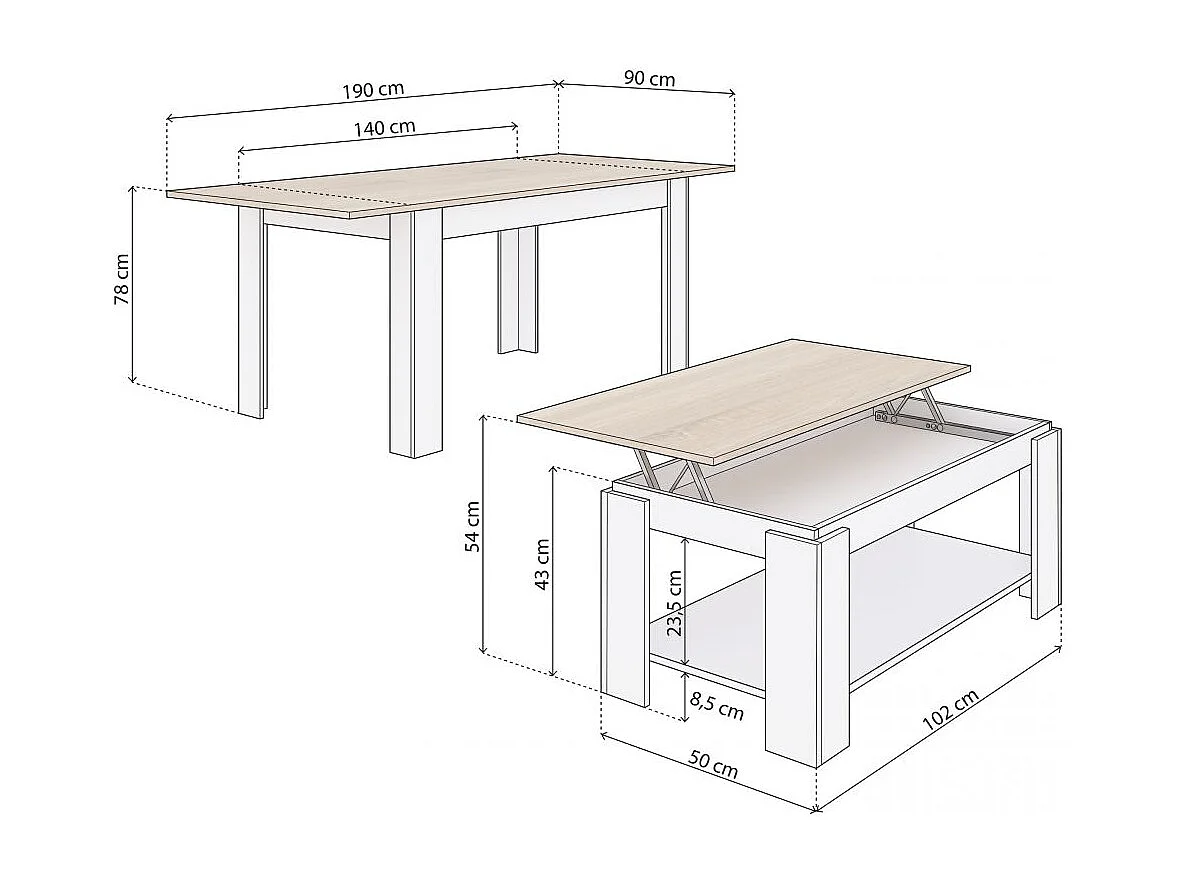 Pack mesa de comedor 140 y mesa de centro Lya Blanco Artik (Blanco Mate) - Roble Canadian